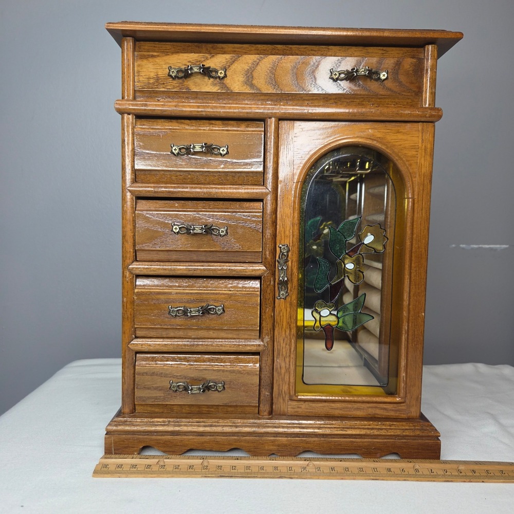 Vintage Wooden Jewelry Armoire Stained Glass Door 4 Drawers Tabletop Chest Brown